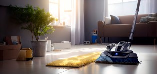 Tekoälyn luomassa kuvassa robottirikkalapio siivoaa siistiä olohuonetta. Taustalla näkyy sohva, matto, kukka jne.