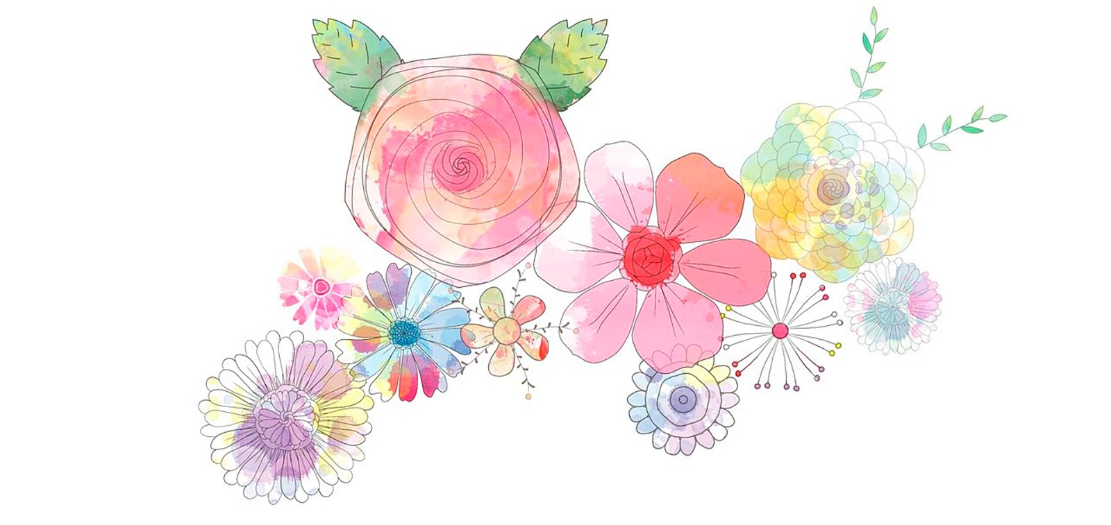 Piirretyssä kuvassa näkyy eri värisiä kukkia.